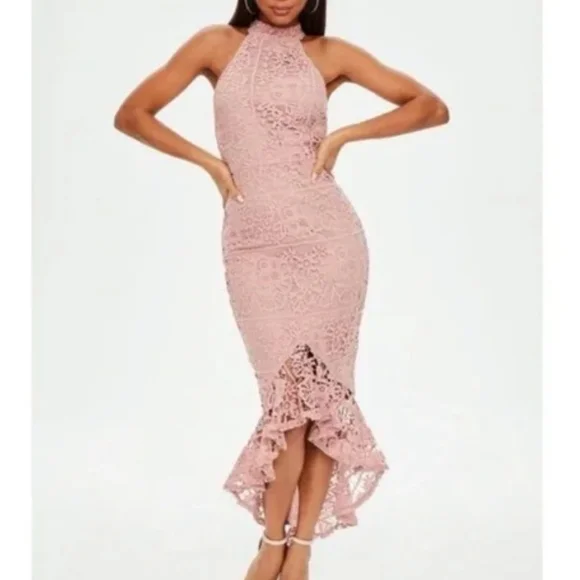 Missguided Dresses Missguided Pink Lace High Neck Fishtail